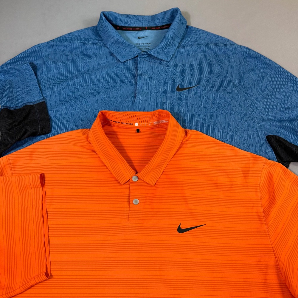 Lot of 2 Nike Tiger Woods Golf Polo Shirts Mens XL Orange Blue Dri-FIT ADV